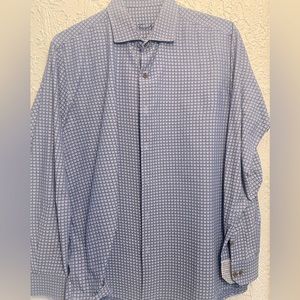 Blue and grey XL checked shirt WITH grey white and black printed XL dress shirt